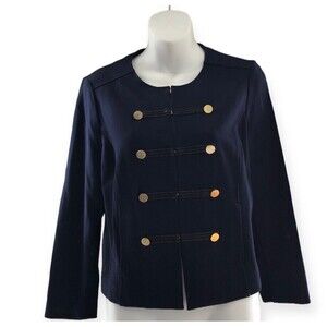 Chicos Military Style Jacket Chico Sz 1 petite Navy Blue Brass Buttons MSRP $149